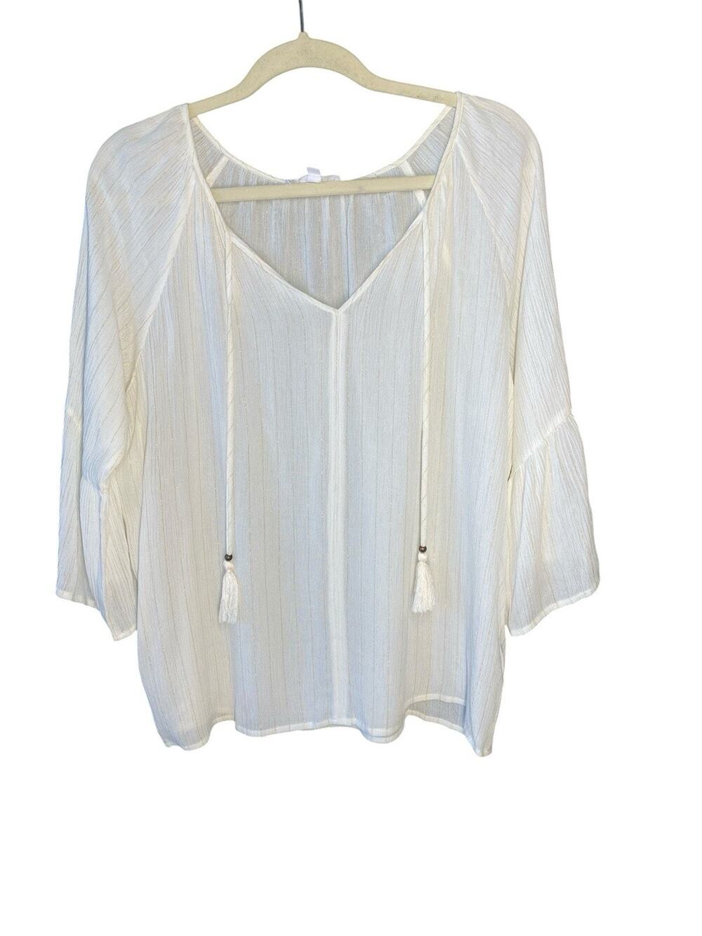 THML Shirt Womens Medium Boho Semi Sheer Tassel Peasant Blouse Bell Sleeves Top